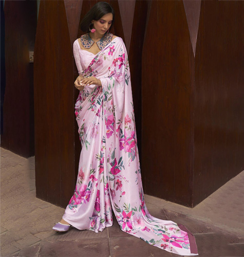 Pink & Red Floral Satin Saree